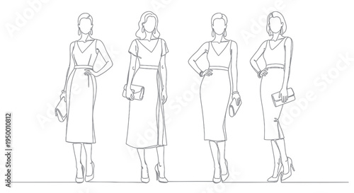 Fashion Vector: Four Women in Dresses with Clutches, Line Art