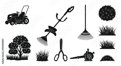 Black  White Glyph Icons of Gardening Tools and Plants for Yard Work