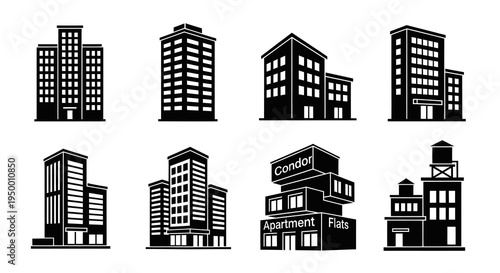 Black  White Glyph Icons of Modern Apartment Buildings