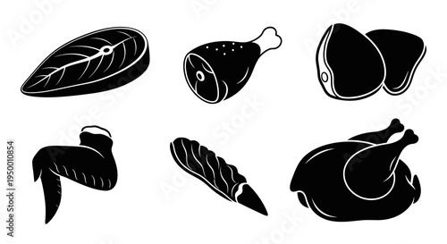 Black and White Vector Icons of Various Meat and Poultry Dishes