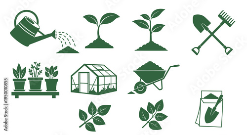 Green Gardening Icons: Watering Can, Plants, Greenhouse, Tools, Soil
