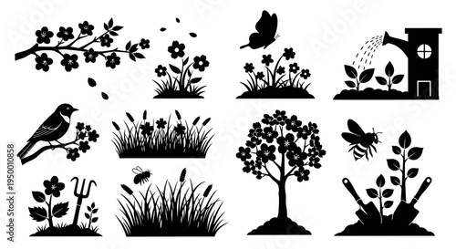 Black and White Garden Icons: Plants, Insects, and Tools - Vector Art