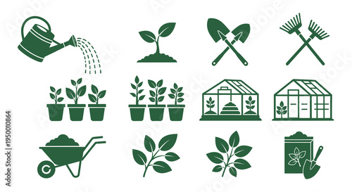 Garden icons: watering can, plants, tools, greenhouse, wheelbarrow, bag