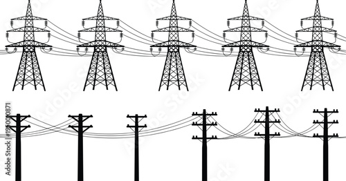 Electrical power transmission line icons set featuring black silhouettes of high voltage towers and utility poles with cables isolated on white background for energy.