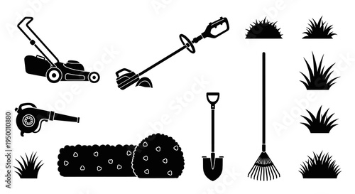 Black  White Glyph Icons of Gardening Tools and Plants for Lawn Care