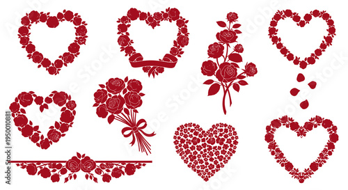 Red Rose Heart Wreath and Bouquet Vector Designs, Valentine Floral Art