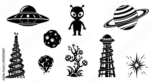 Sci-Fi Vector Icons: UFO, Alien, Planet, Asteroids, Spaceship, Starburst
