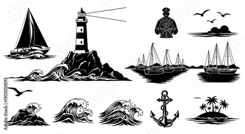 Nautical Vector Icons: Lighthouse, Sailboat, Waves, Anchor, Ships, Island, Captain