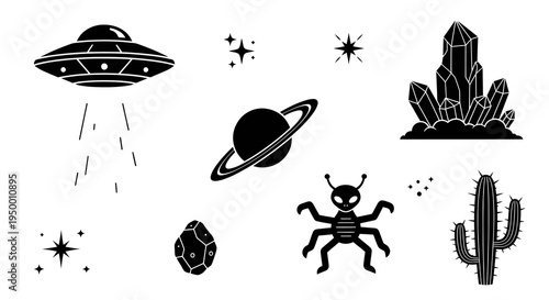 Black  White Glyph Icons: UFO, Planet, Alien, Cactus, Crystals, Asteroid