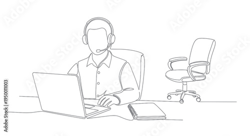 Call Center Agent with Laptop and Chair - Line Art