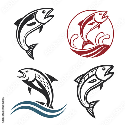 Jumping salmon fish illustration set with water waves with sport fishing