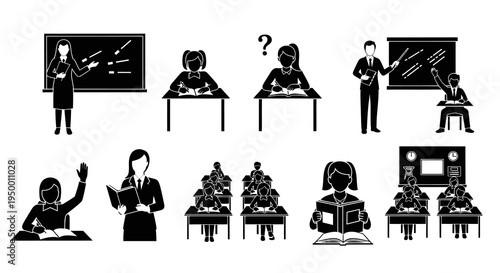 Education Icons: Teacher and Students in Classroom, Black  White Glyph Style