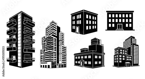Black and white illustration of modern office buildings and apartments