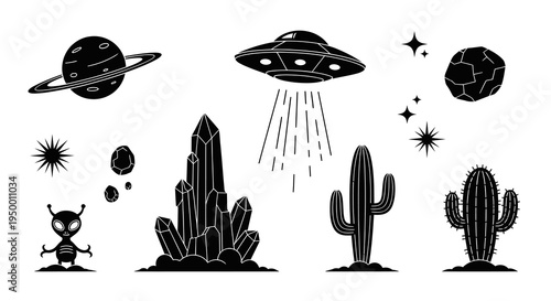 Black and White Alien UFO Planet Cactus Crystal Desert Space Vector Art