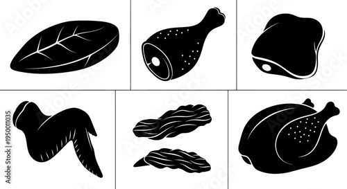 Black  White Icons of Various Meat and Poultry Products