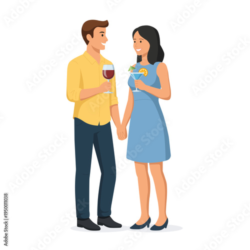 Flat vector illustration of couple drinking wine and cocktail. People enjoying drinks at bar or pub isolated on white background.