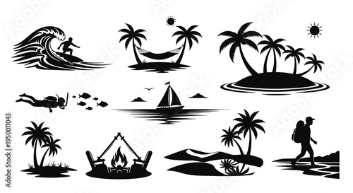 Tropical Island Beach Vacation Icons: Surfing, Camping, Sailing, Hiking
