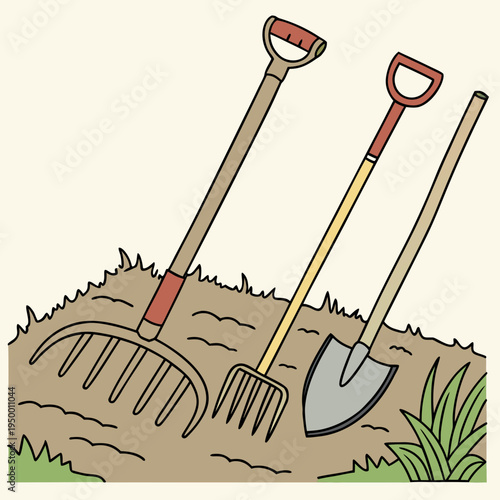 Gardening tools - rake, fork, and shovel on soil, home improvement