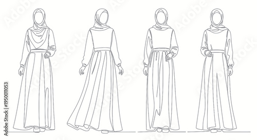 Black and White Line Art of Muslim Women in Hijab Dresses