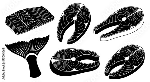 Black and White Salmon Fish Cuts and Tail Vector Icon Set
