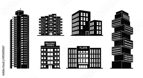 Black  White Building Icons: Apartments, Condos, Flats, High-rise