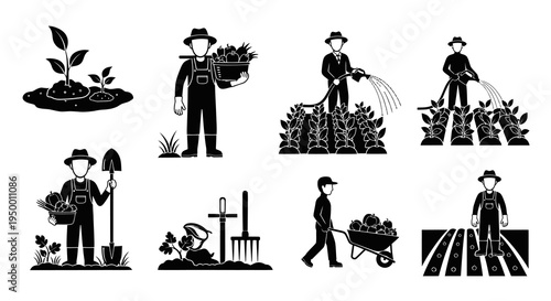 Farmer Icon Set, Agriculture, Farming, Gardening, Glyph Art