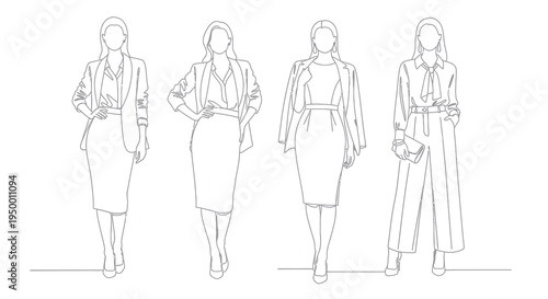 Business women fashion line art, professional attire for women