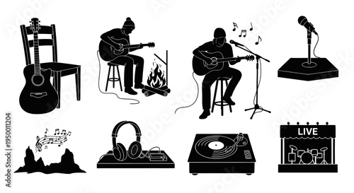 Black  White Glyph Icons of Musical Instruments and Performance Elements