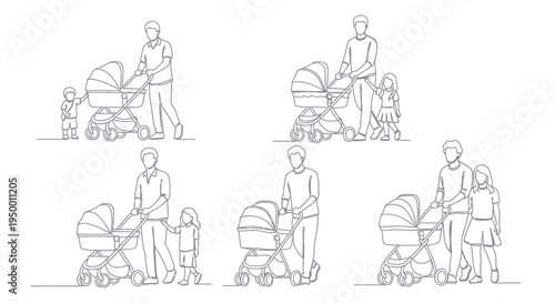 Black and White Line Art of Parents and Children with Strollers