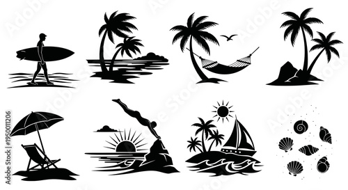 Black  White Beach Vacation Icons: Surfer, Palm Trees, Hammock, Sailboat, Seashells