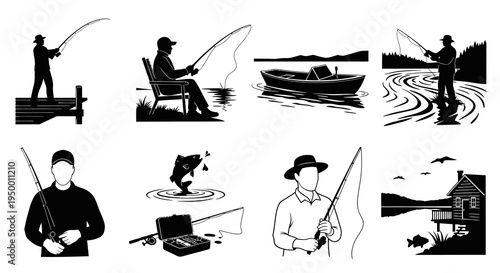 Fishing Icons Silhouette Set: Angler, Boat, Rod, Fish