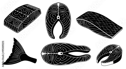 Black and White Line Art Icons of Salmon Fish Cuts and Tail