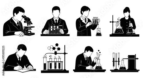 Scientists in Lab with Microscope, Test Tubes, Beakers - BW Vector Art