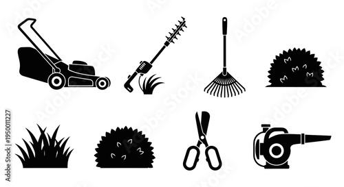 Black  White Glyph Icons of Gardening Tools and Plants for Yard Work
