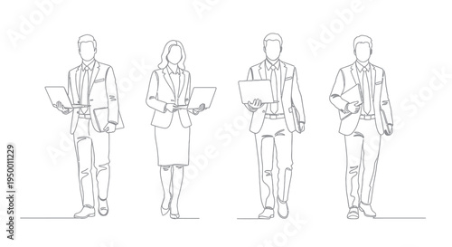 Business People Line Art: Men and Women with Laptops, Professional Team