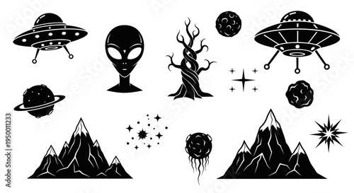 Black and White UFO Alien Planet Tree Mountains Star Icons