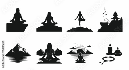 Yoga meditation zen nature silhouette icons set