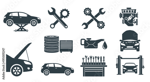Automotive Repair Icons: Car Lift, Tools, Engine, Tires, Workshop