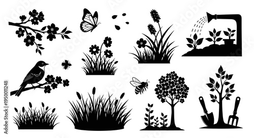 Black Silhouette Nature and Gardening Icons: Bird, Butterfly, Bee, Plants
