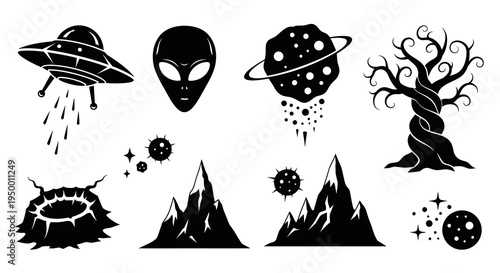 Black  White Glyph Icons of UFO, Alien, Planet, Tree, Mountains
