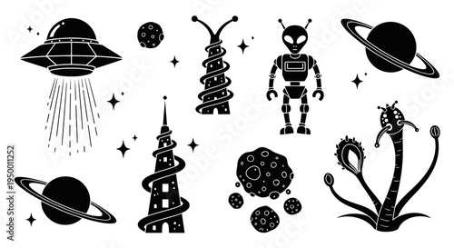 Black and White Glyph Icons of Space UFO, Aliens, Planets, Asteroids, and Rockets