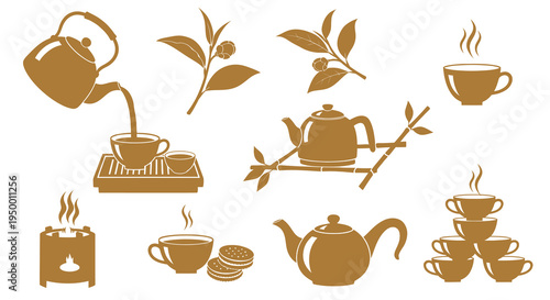 Golden Tea Set Icons: Teapots, Cups, Leaves, and Stove