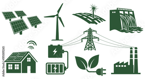 Green Energy Icons: Solar, Wind, Hydro, Battery, Factory, Grid, Eco