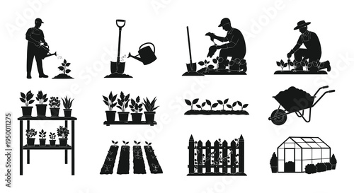 Gardening Silhouettes: Planting, Watering, Wheelbarrow, Greenhouse