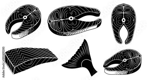 Black  White Line Art Salmon Fish Steaks and Tail Illustrations