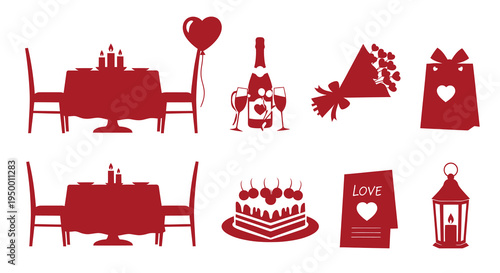Valentine's Day Icons Set: Romantic Dinner, Gifts, Cake, Love Card, Lantern, Flat Style