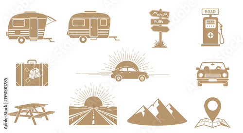 Travel Icons: Campers, Car, Suitcase, Road Sign, Gas Pump, Mountains, Map