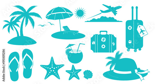 Teal Vacation Icons: Palm Trees, Beach, Luggage, Airplane, Hat, Starfish, Cocktail