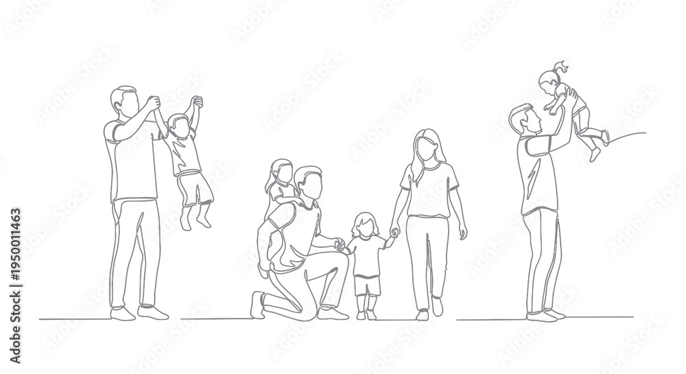 Obraz premium Black and White Line Art of Happy Family with Children