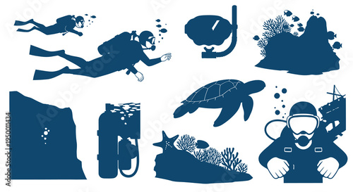 Scuba Diving Vector Set: Divers, Turtle, Coral, Snorkel, Gear